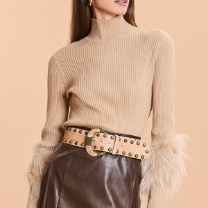 Tyler böe cotton cashmere Tan Ribbed Turtleneck Sweater with Faux Fur Cuffs